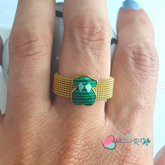 Tous Gold-colored IP Steel Mesh Color Ring with Malachite Bear motif Size 8.25 - Picture 1 of 4